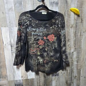 Cactus Vintage Y2K Brown All Over Print Cowgirl Western Tee